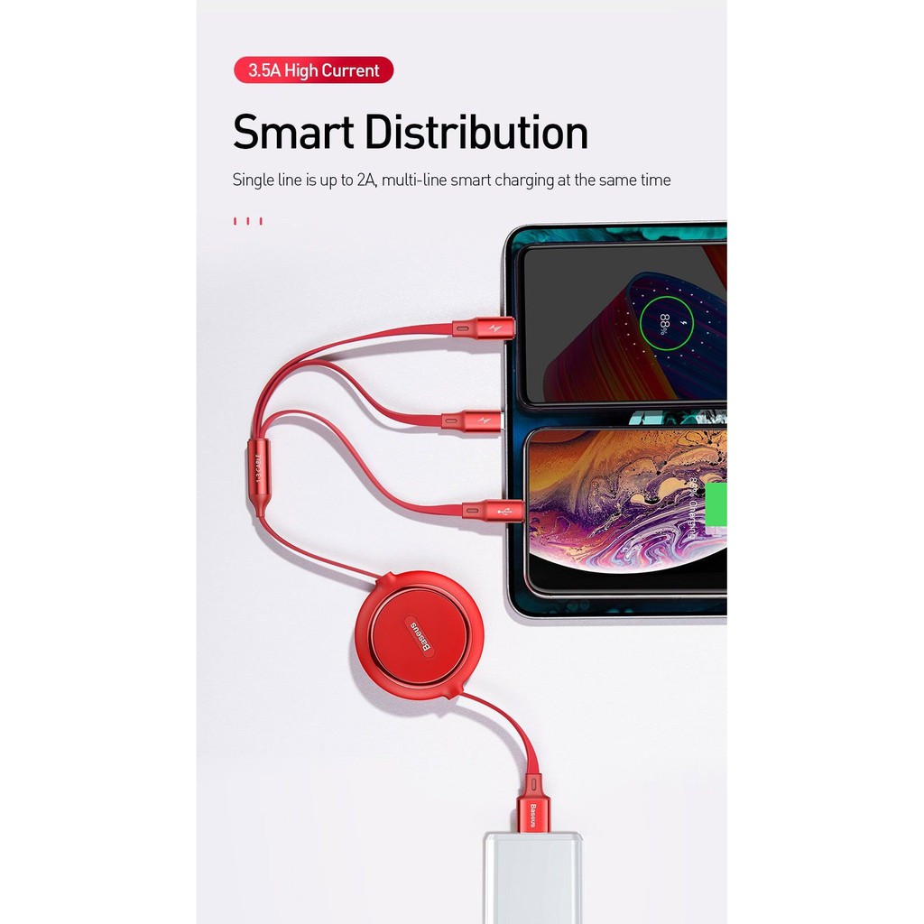Cáp sạc dây rút 3 đầu Baseus Golden Loop Elastic 3 in 1