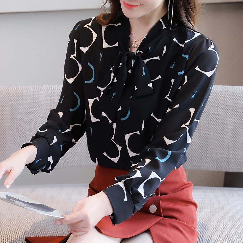 Áo sơ mi tay dài vải chiffon in họa tiết phong cách thanh lịch cho nữ