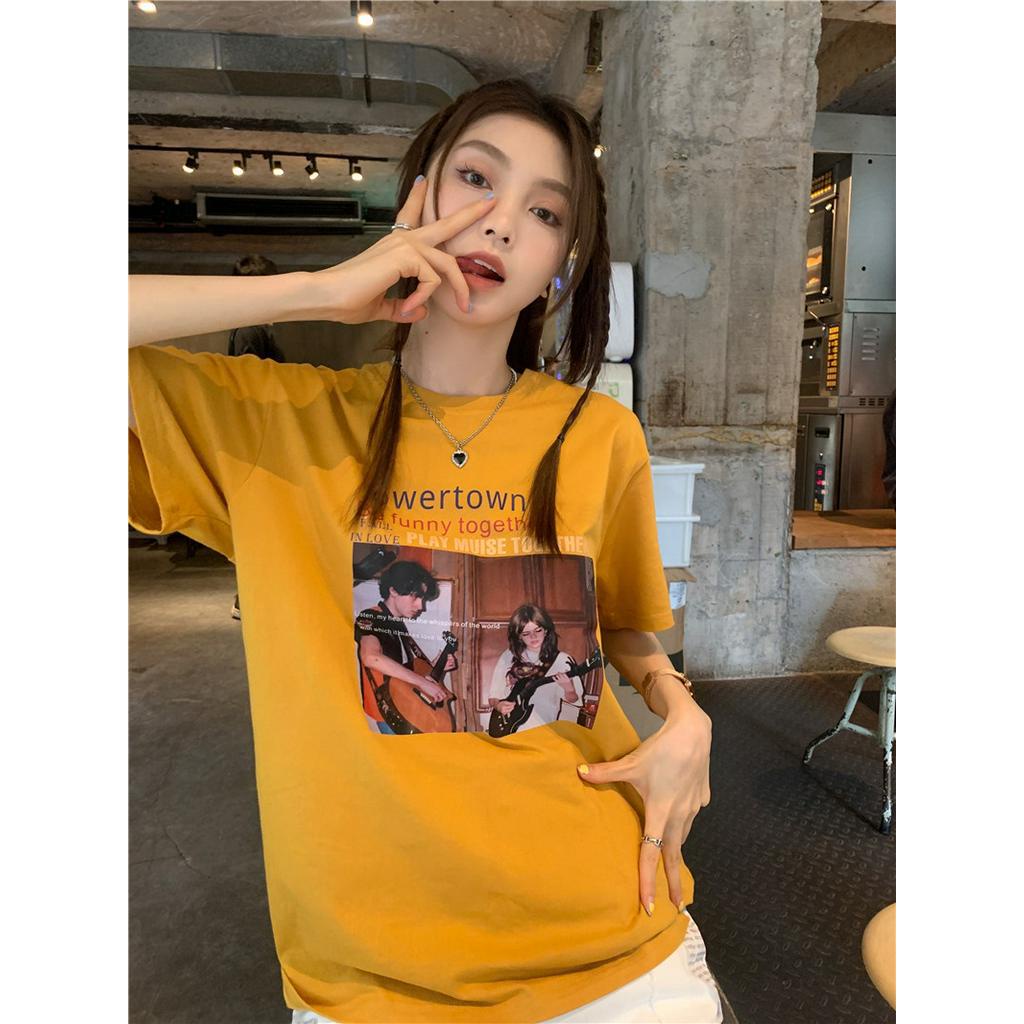 Áo Thun Cotton Dáng Rộng Ngắn Tay In Hình Phong Cách Retro Cá Tính 63656