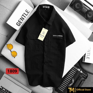 Áo sơ mi nam ngắn tay họa tiết thêu Dolce & Gabbana, vải Đũi co giãn thoáng mát, không nhăn - TMSTORE