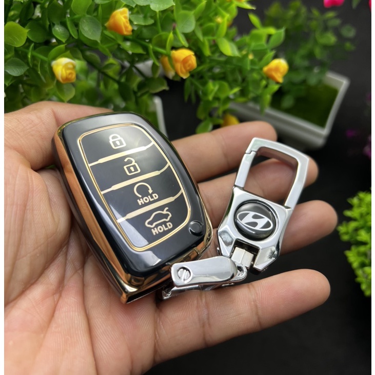 Bao chìa khóa Đen Vàng- Ốp chìa khóa  TPU Đen Vàng xe ô tô HUYNDAI CRETA 4 NÚT  thông minh