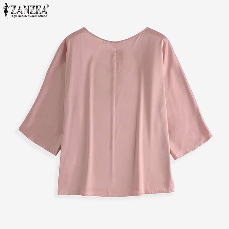Zanzea Áo Sơ Mi Cổ Tròn Tay Lửng Vải Satin Thời Trang Công Sở Cho Bạn Gái