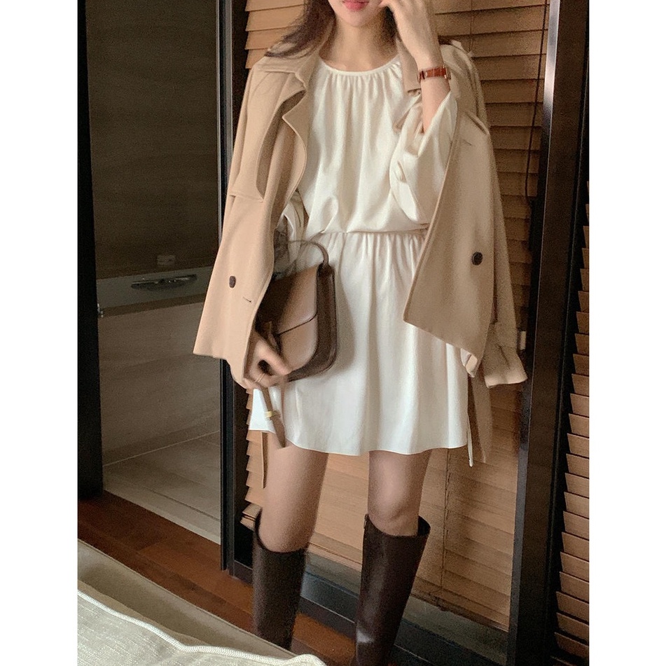 Đầm tay dài cổ tròn cột dây phong cách Hàn Quốc thanh lịch 46261