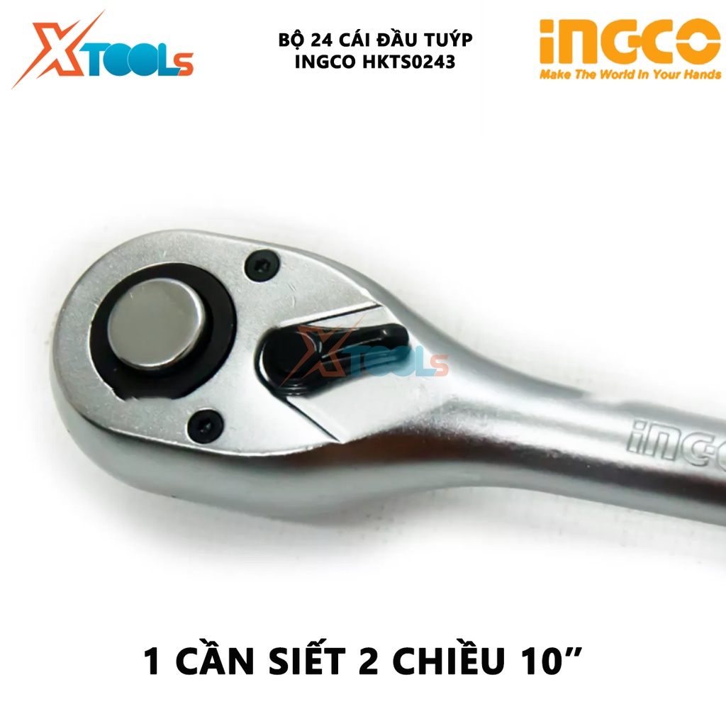 Bộ tuýp 24 chi tiết INGCO HKTS0243 | Bộ 24 cái đầu tuýp, cần siết 1/2'', dụng cụ sửa xe, gồm 18 đầu tuýp 2 cần nối 5″ và