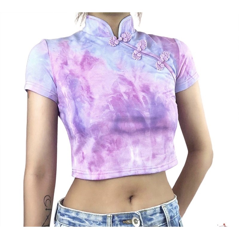 Áo croptop cổ tàu loang màu
