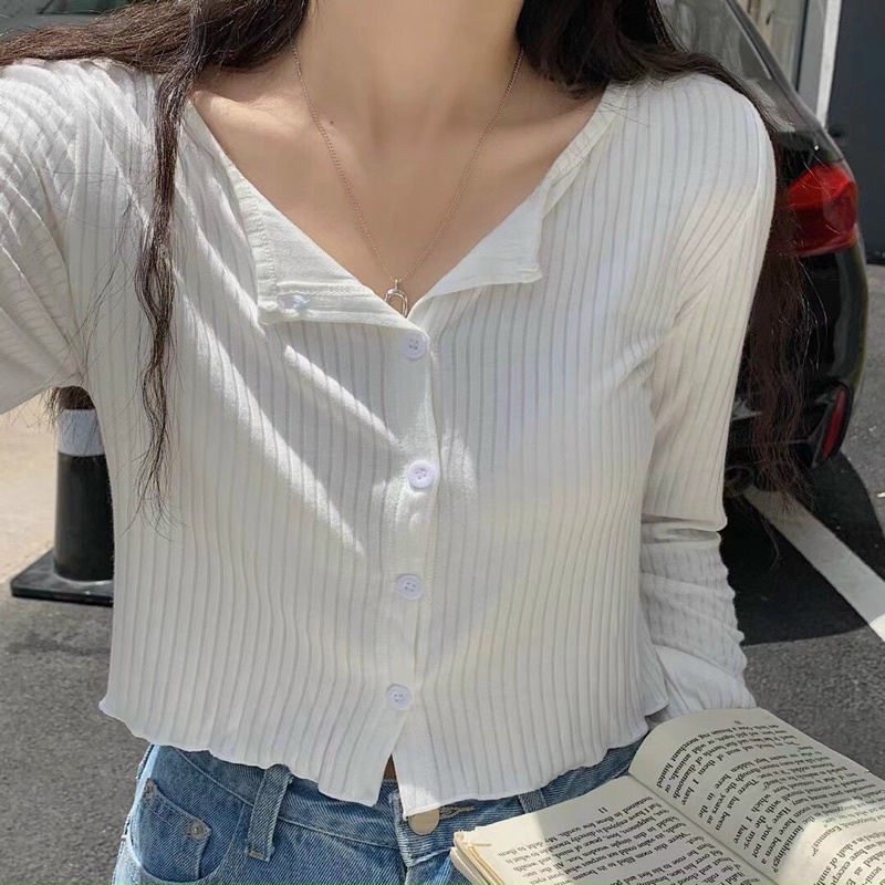 Áo croptop dài tay len mỏng cài cúc basic ( Ảnh thật ) | BigBuy360 - bigbuy360.vn