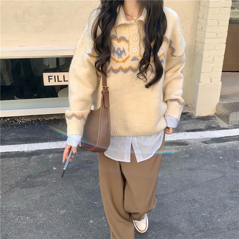 Áo thun Polo dệt kim màu sắc Retro thời trang thu đông Hàn Quốc mới cho nữ