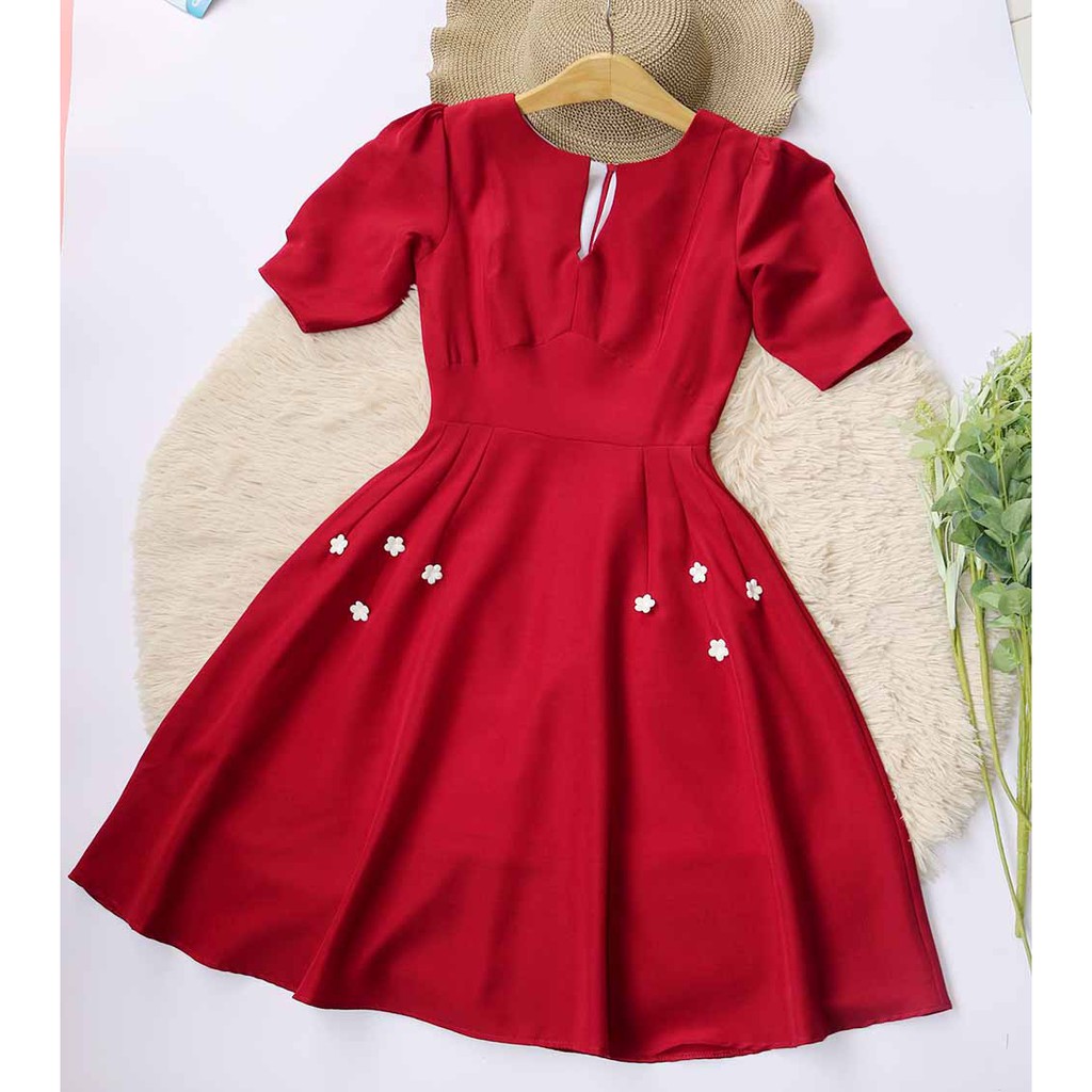 Đầm dự tiệc đỏ  xòe thiết kế sang trọng eo tôn dáng che mỡ bụng tay ngắn thời trang đính hoa nhí dể thương - Lux W