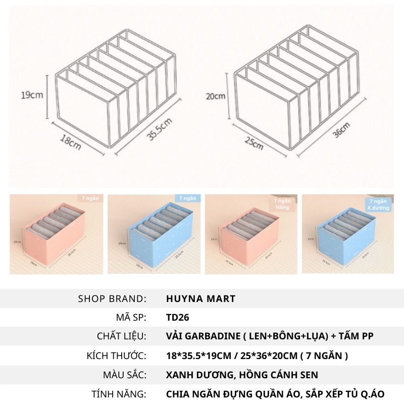 (Giặt được) Khay Chia Đồ Quần Áo 7 Ngăn, Vải Garbadine Cao Cấp, Có Thể Gấp Gọn Huyna Mart TD26