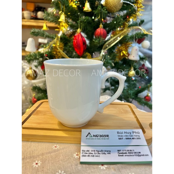 Tách ly cốc gốm sứ uống nước cà phê trà có quai ngọn lửa Bát Tràng cao  trắng trơn 400ml C6029 thanh lịch chlượng