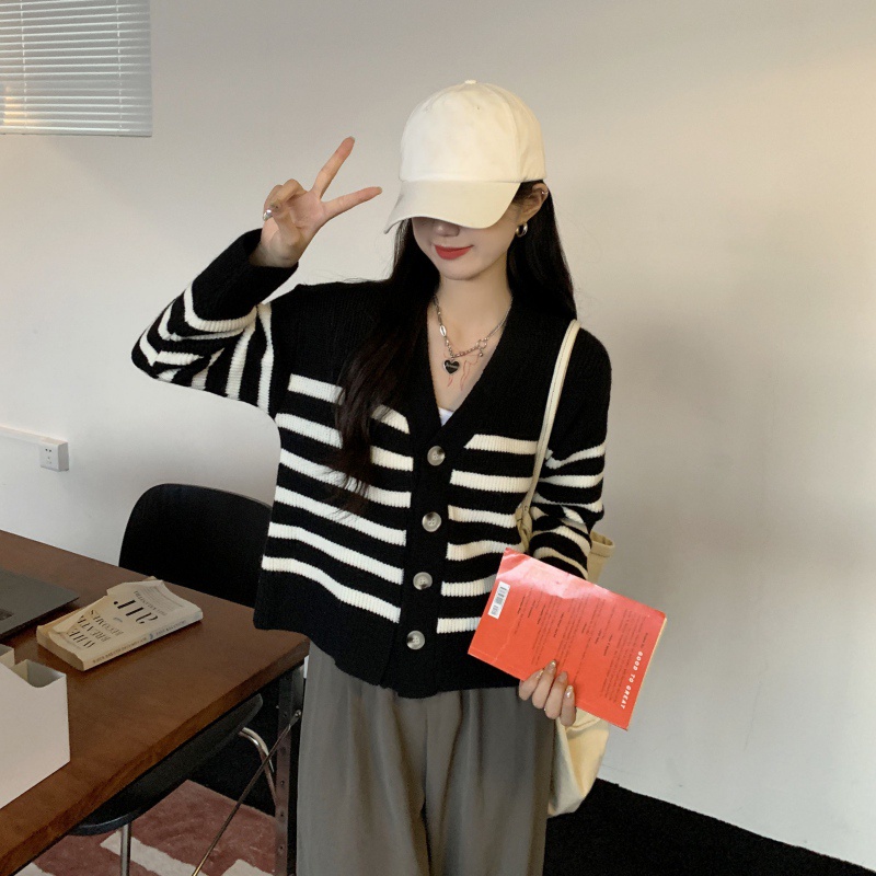 Áo khoác cardigan dệt kim cổ V tay dài dáng rộng kẻ sọc kiểu retro thời trang mùa thu cho nữ