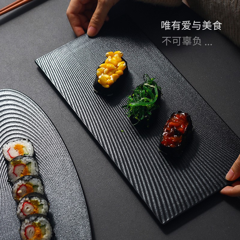 Đĩa Đựng Sushi Hình Chữ Nhật Màu Đen Nhám Phong Cách Nhật Bản