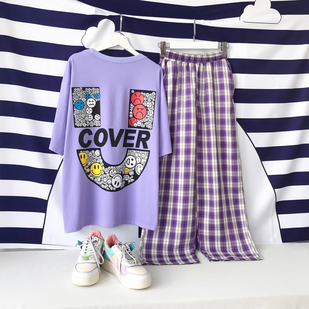 Combo bộ áo phông form rộng + quần caro form suông unisex