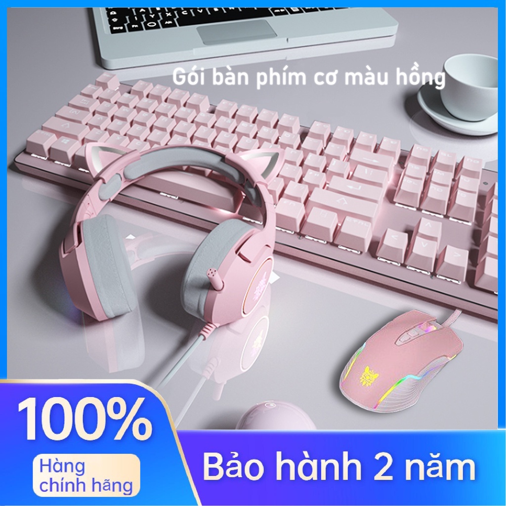 Bàn phím cơ LED chuột máy tính tai nghe tai mèo màu hồng bộ bàn phím có dây