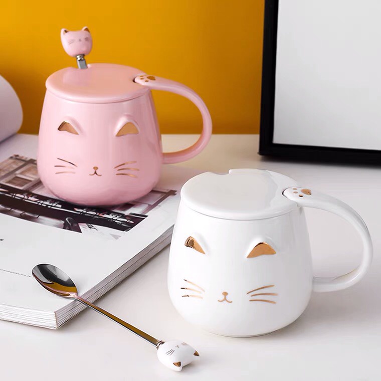 Cốc ly sứ mặt mèo 3D dễ thương dung tích 400ml kèm nắp và thìa dùng hàng ngày, đựng trà, cafe, quà tặng-Ráp
