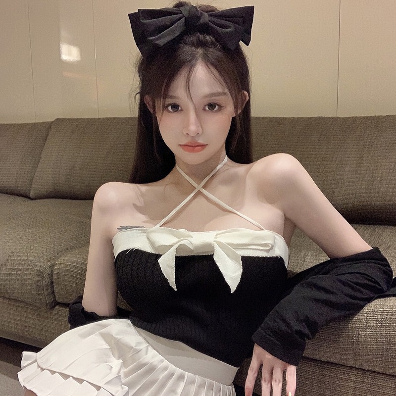 2021 Phụ nữ mới Áo yếm dệt kim Trọng lượng nhẹ Không tay thắt nơ Thường mỏng Treo cổ Ống trên