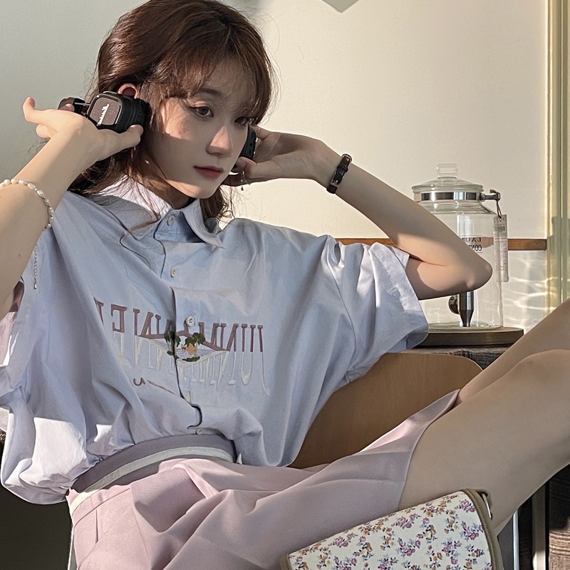 【ZHELIHANGFEI】Áo Sơ Mi Cotton Nguyên Chất Dáng Rộng Cổ POLO Họa Tiết Thêu Kiểu Retro Dễ Phối Đồ