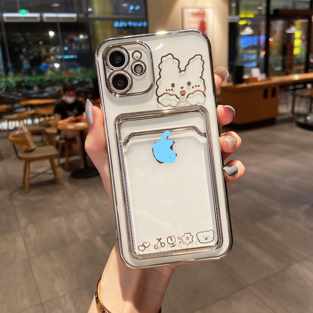 Ốp Điện Thoại Mạ Điện Chống Sốc In Hình Thỏ Và Gấu Hoạt Hình Dễ Thương Kèm Ngăn Đựng Thẻ Thời Trang Cho Iphone