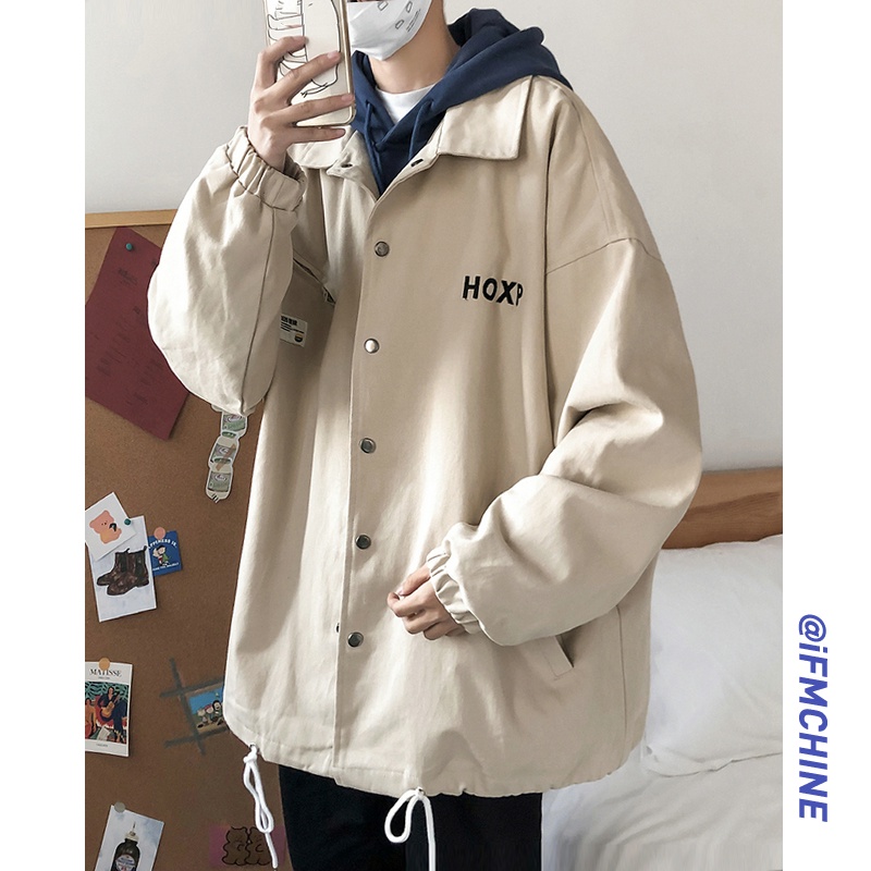 【M-5XL】Áo khoác tay dài màu trơn in họa tiết chữ cái phong cách Hàn Quốc thời trang mùa thu dành cho nam