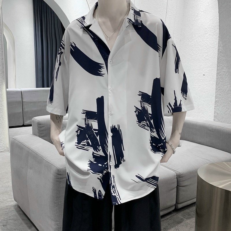 Áo sơ mi nam nữ đều mặc được kiểu tay lỡ form rộng Unisex in hình thư pháp nét sơn nguệch ngoạc siêu hot
