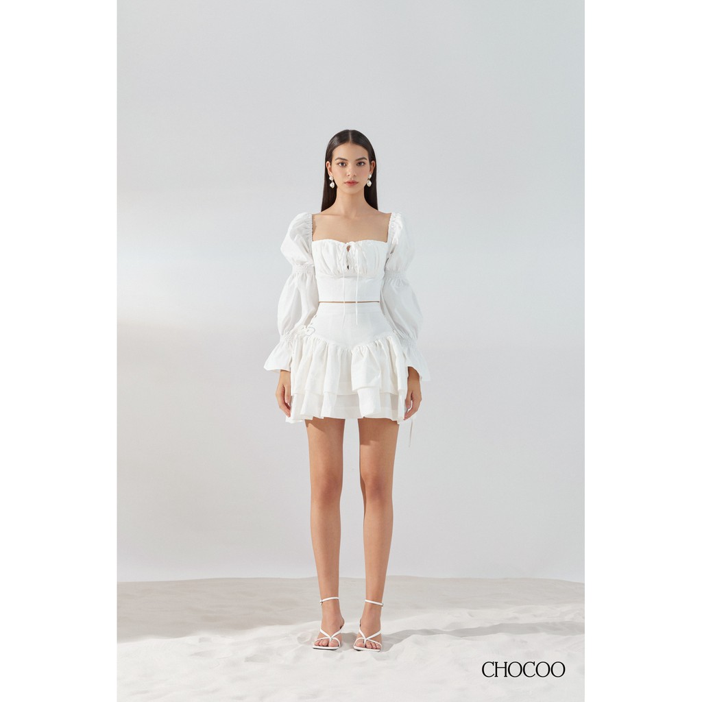 CHOCOO - Áo Kiểu Dài Tay Cổ Vuông Tay Phồng DULCIE TOP Cúp Ngực Cột Nơ Màu Trắng