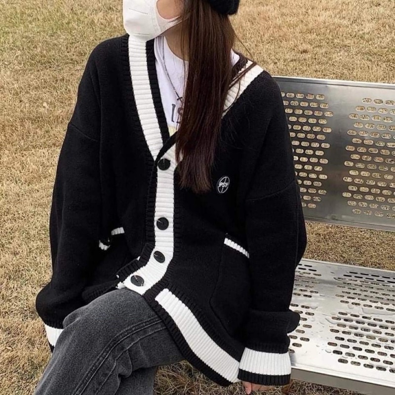 Áo khoác Cardigan, dáng rộng màu đen phối viền trắng