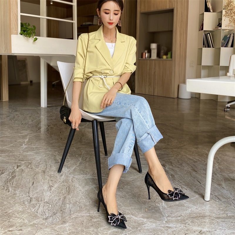 Giày Cao Gót Mũi Nhọn Phối Ren Đính Đá Và Nơ Thời Trang Mùa Hè Mẫu Mới 2021 Dễ Phối Đồ Cho Nữ