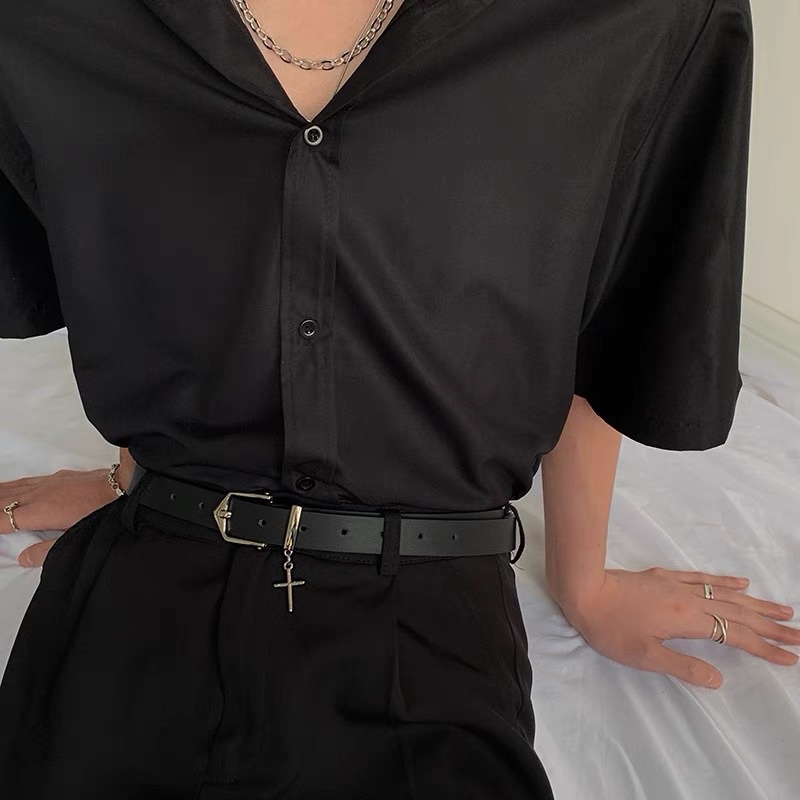 Thắt lưng da màu đen phong cách Hip hop trẻ trung đi chơi cá tính Dây nịt nam nữ TLN002 unisex chữ thập bản nhỏ 2.3cm