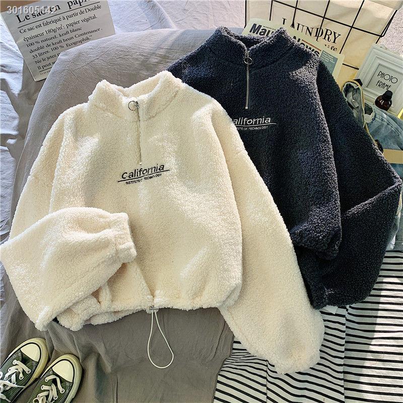 Áo hoodie dáng rộng bằng vải nhung lông cừu phong cách Hàn Quốc thời trang thu đông hàng mới dành cho bạn nữ