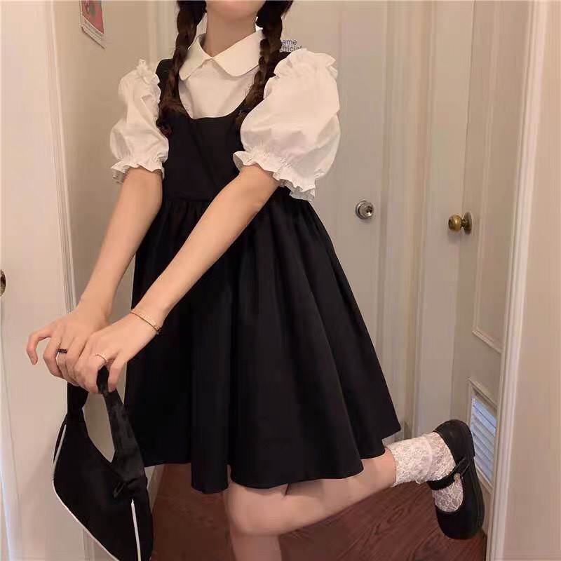 💃 Đầm Yếm Nữ Đen Phối Màu Chất Đũi Váy Yếm Nữ Ngắn Tay Dáng Lửng | BigBuy360 - bigbuy360.vn