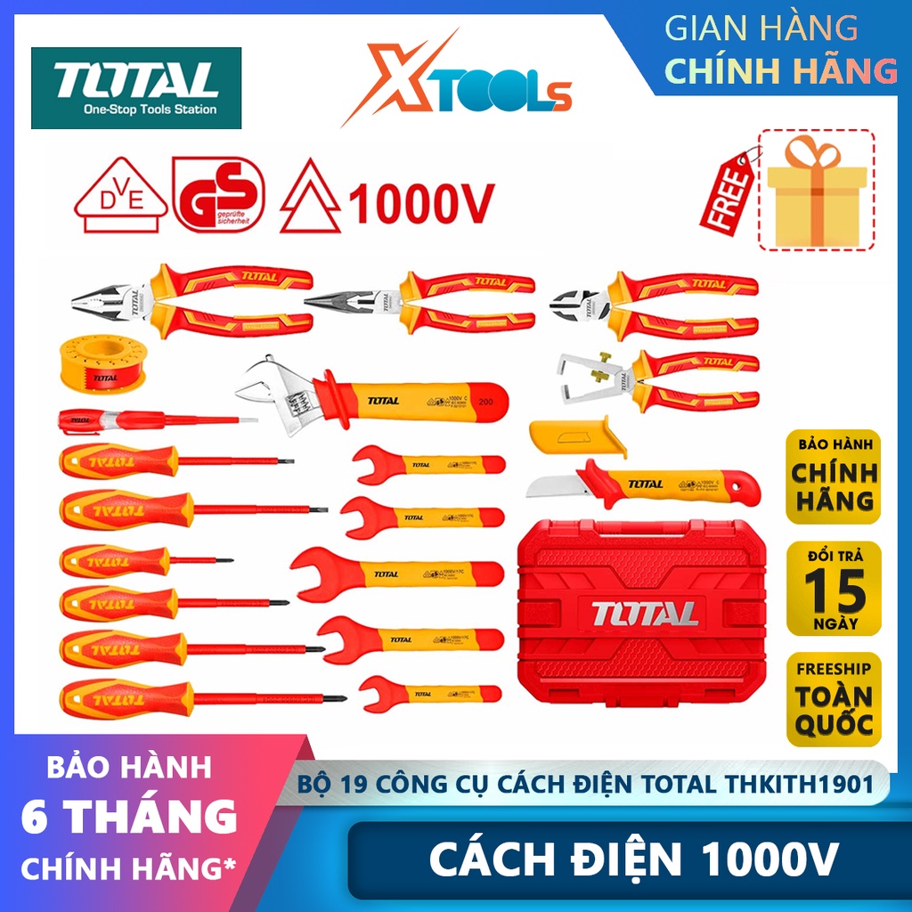 Bộ 19 công cụ cách điện TOTAL THKITH1901 cách điện 1000V, chứng nhận VDE/GS nhiều dụng cụ tiện ích [CHÍNH HÃNG][XTOOLS]