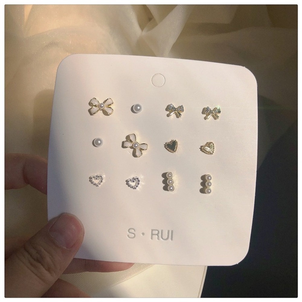 Set 6 Đôi Bông Tai Bạc S925 Hình Nơ Trái Tim Thời Trang Hàn Quốc Cho Nữ