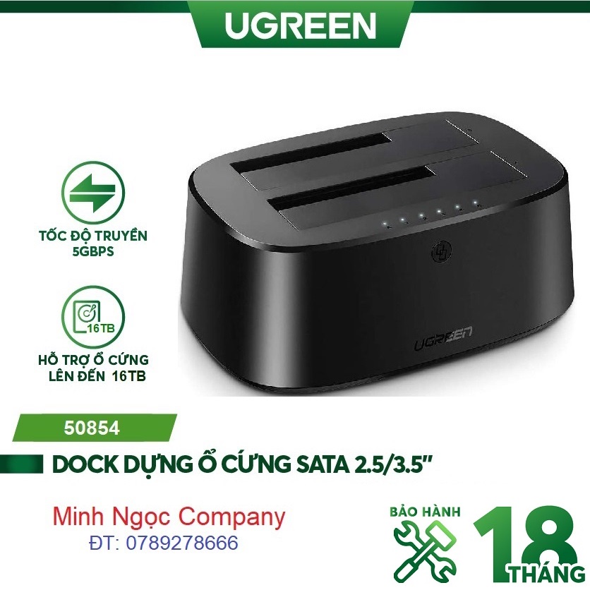 HDD Docking hộp đựng ổ cứng đôi 2.5/3.5 inch Sata/USB 3.0 hỗ trợ 16TB Ugreen 50854 cao cấp - Hàng Chính Hãng