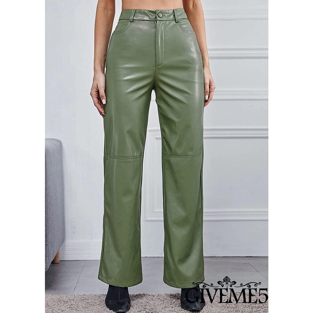 Quần bằng da lưng cao ống đứng màu trơn thời trang sang trọng cho nữ