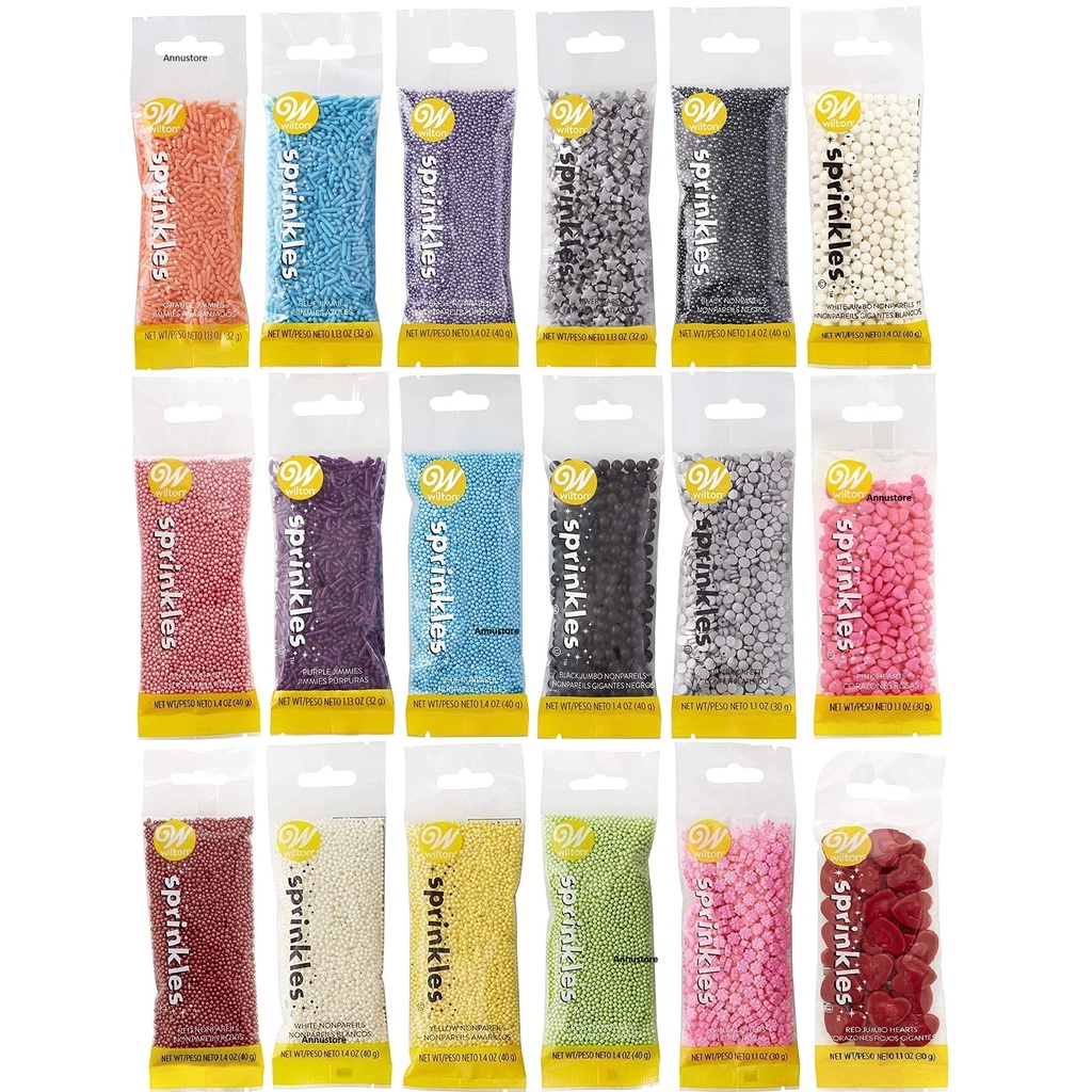 Wilton sprinkles các loại hạt trang trí lên bánh kẹo