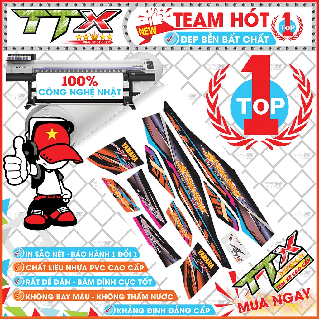 Tem chế sirius hoa văn , Team rời sirius dán xe màu cam nền đen xám tím tuyệt đẹp , Shop TTX Tem sirius mã