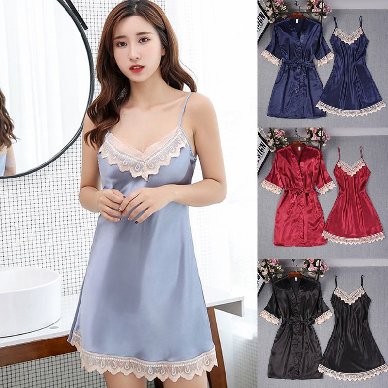 Xiangbao Đầm Ngủ Kimono 2 Mảnh Lụa Không Tay Thêu Ren Mùa Hè Se