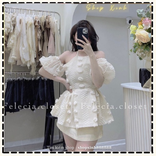 Set đồ bộ nữ sang chảnh áo váy cổ yếm màu kem phối chân váy chữ A siêu xinh giúp nàng nổi bật dự tiệc, dạo phố