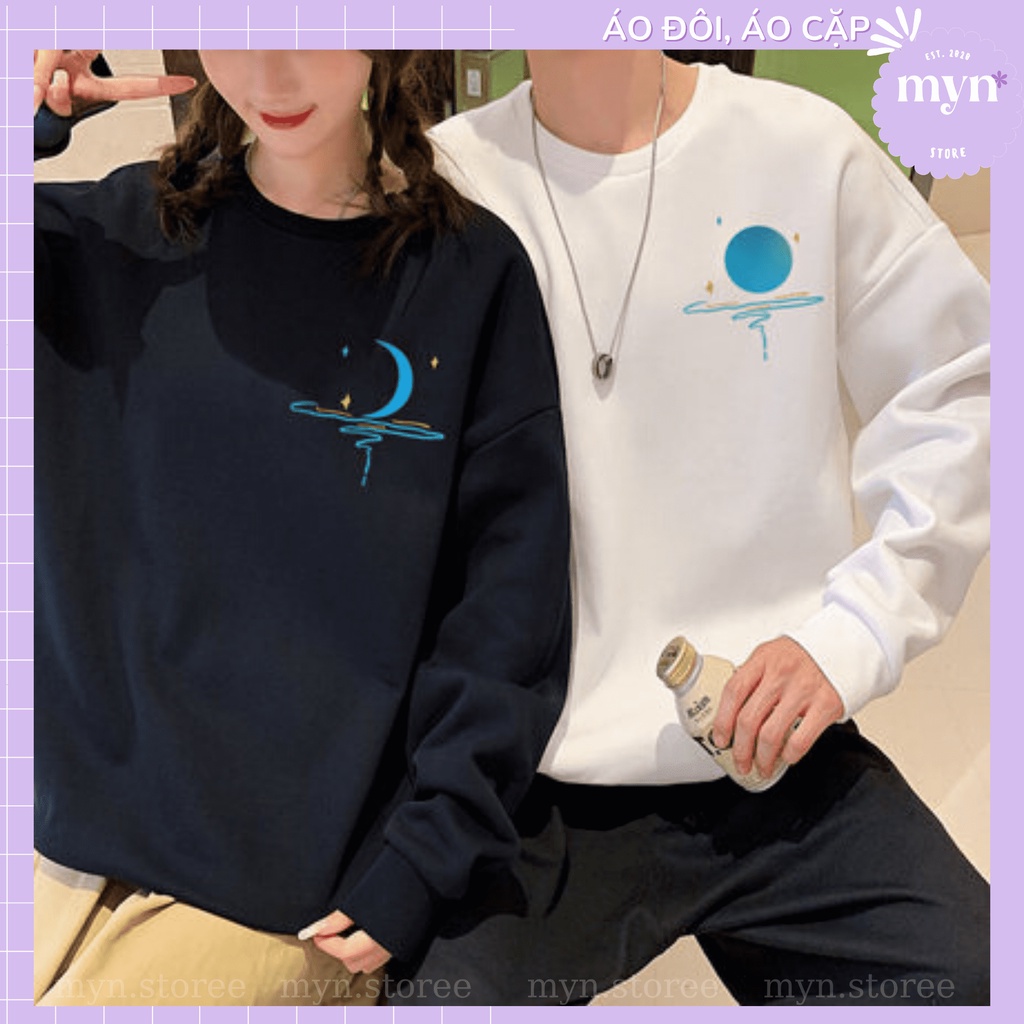 Áo Sweater Nỉ Dày Dặn Cặp Đôi Hình Mặt Trăng Xanh Siêu Đẹp, Áo Sweater Nam Nữ Form Rộng Đủ Size
