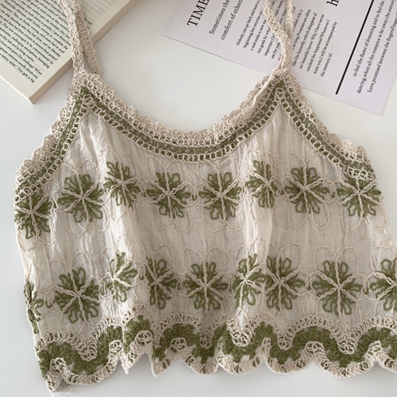 Áo Croptop Hai Dây Dệt Kim Chất Liệu Cotton Lanh Thêu Họa Tiết Trái Tim Xinh Xắn Cho Nữ