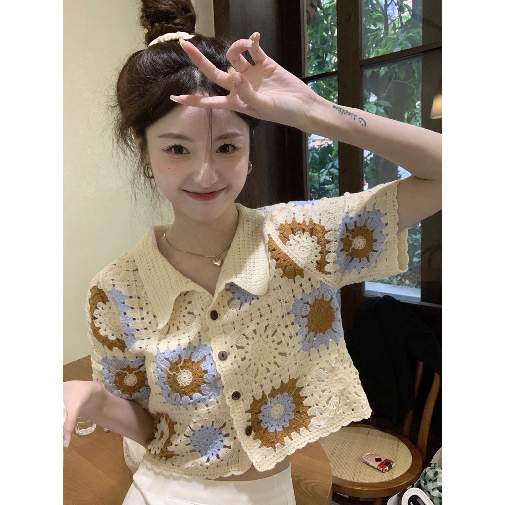 Áo Dệt Kim Ngắn Tay Phối Lỗ Thời Trang Cho Nữ