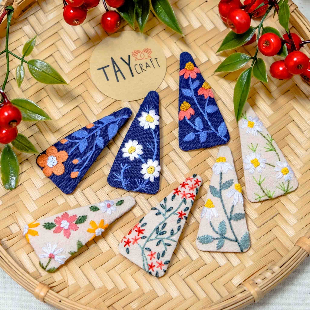 Kẹp tóc thêu tay theo set, Set kẹp tóc linen handmade nhiều mẫu