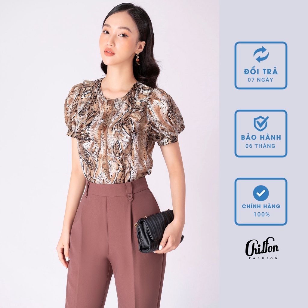Áo sơ mi nữ công sở cổ tròn họa tiết phối bèo tay ngắn, áo sơ mi thiết kế cao cấp Chiffon - Hàng nhập khẩu