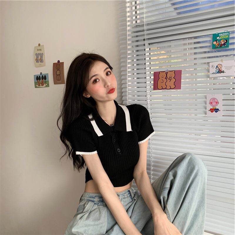 Áo Crotop Hot Trend Hàn Quốc Cổ Bẻ Phối Hai Màu Xinh Xắn TTKXA0043
