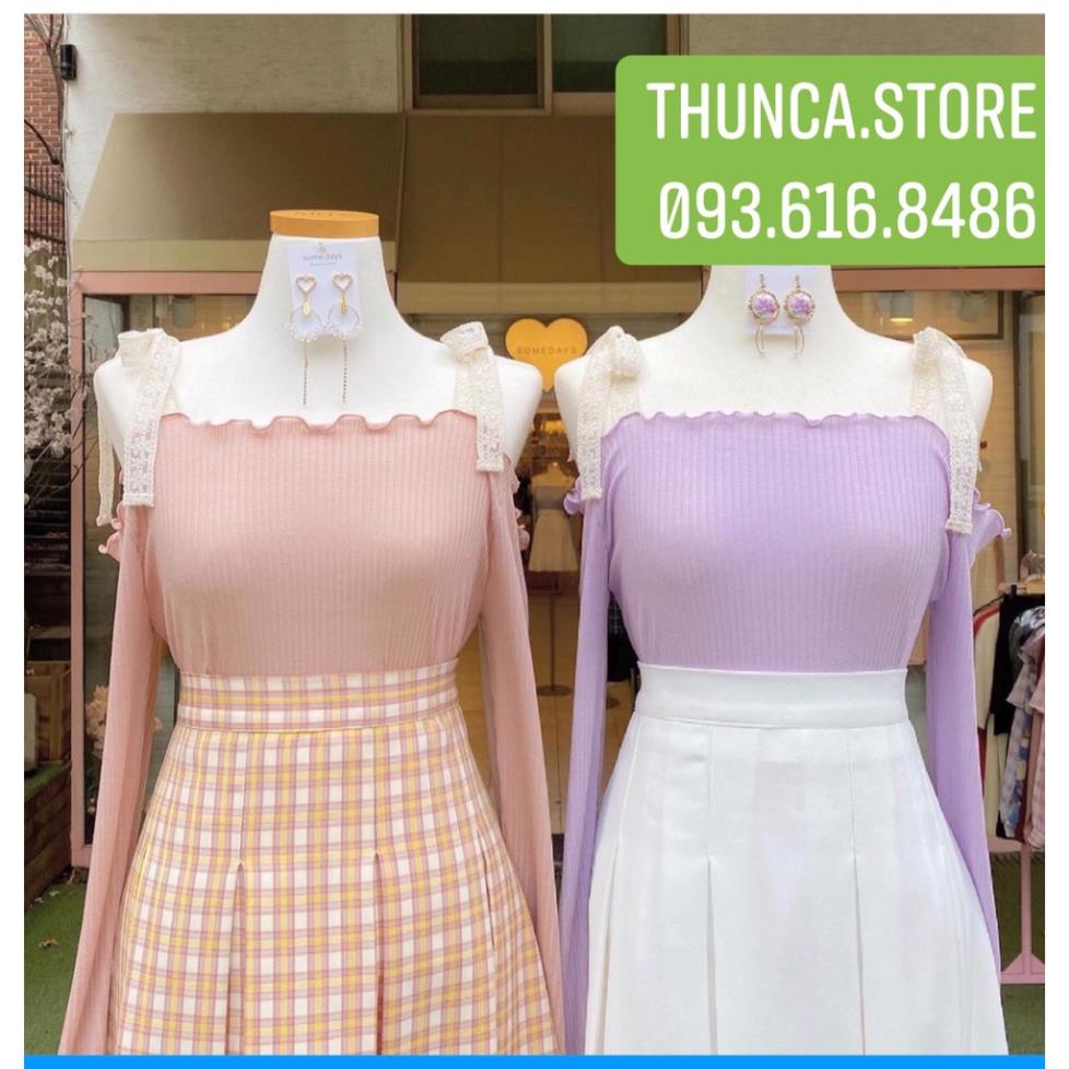 [hot] Áo trễ vai tay dài Phối Ren Hoa Phong Cách Hàn Quốc, áo bẹt vai tay dài cột nơ vai dây ren . | BigBuy360 - bigbuy360.vn
