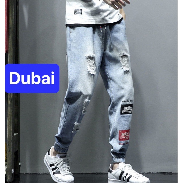 QUẦN BAGGY JEAN NAM CHẤT BÒ ỐNG RỘNG DÀI XANH RÁCH THÊU ỐNG TÚM NHẬT BẢN DB-1018,DUBAI FASHION