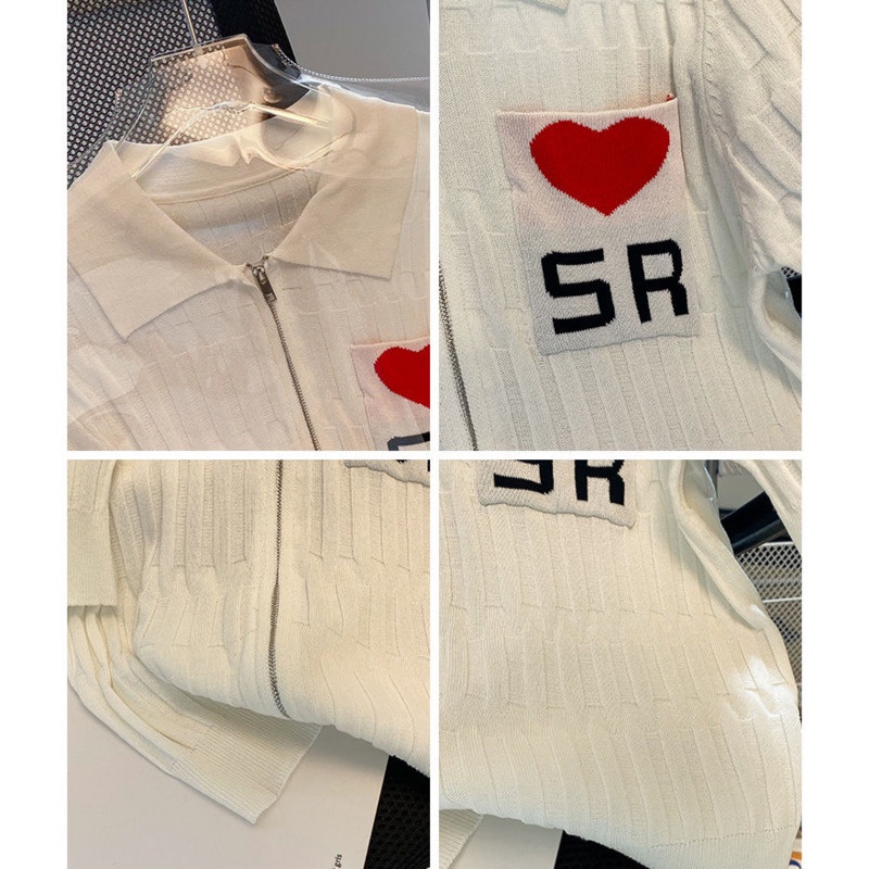 Áo Thun Dệt Kim Cổ Polo Tay Ngắn Có Khóa Kéo Thời Trang Mùa Hè Phong Cách Hàn Quốc Cho Nữ