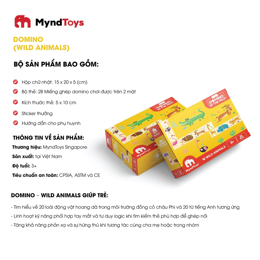 Đồ Chơi Giáo Dục Xếp Hình Myndtoys Boardgame Domino Wild Animals Dành Cho Các Bé Trên 4 Tuổi - BỐ KHỦNG LONG