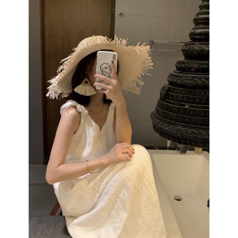 Đầm suông dài vai thắt nơ vải Linen