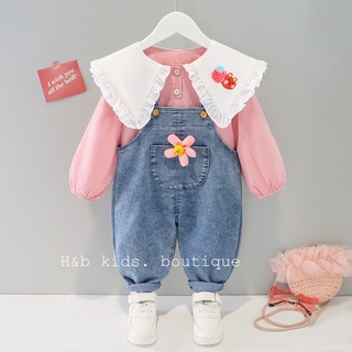 Set yếm jean + áo bèo cổ trắng bé gái